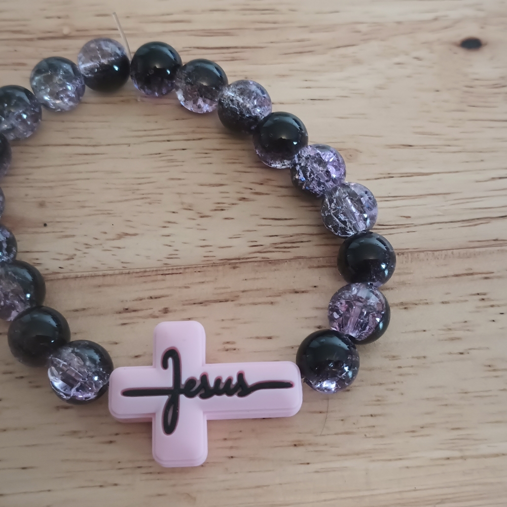 Purple and Black Beaded Bracelet with Pink Cross